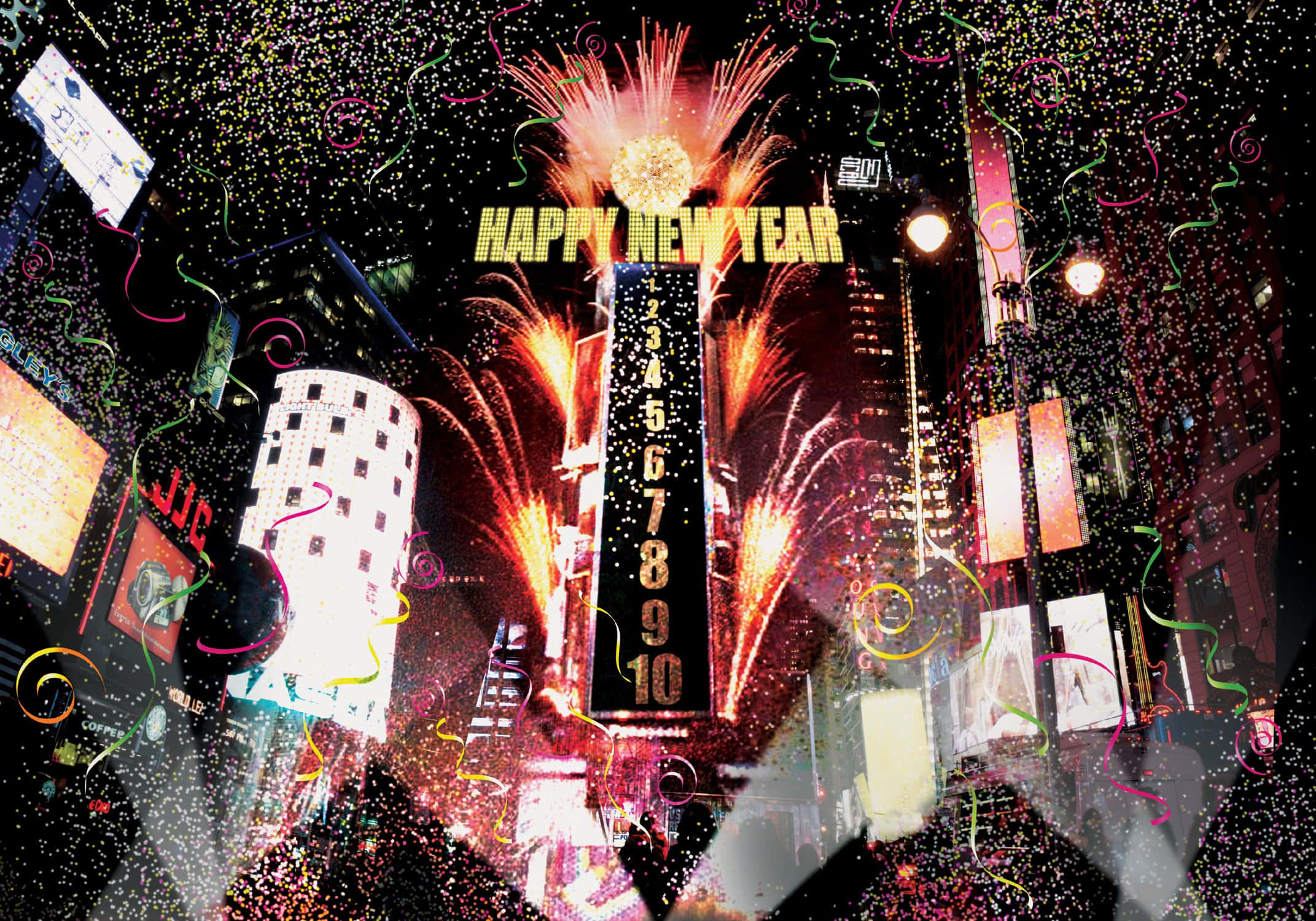 New Years Eve 桌布 壁紙 — 一個充滿活力的除夕慶祝活動，城市中有煙火、五彩紙屑和一個在黑暗天空中閃耀的倒數塔。