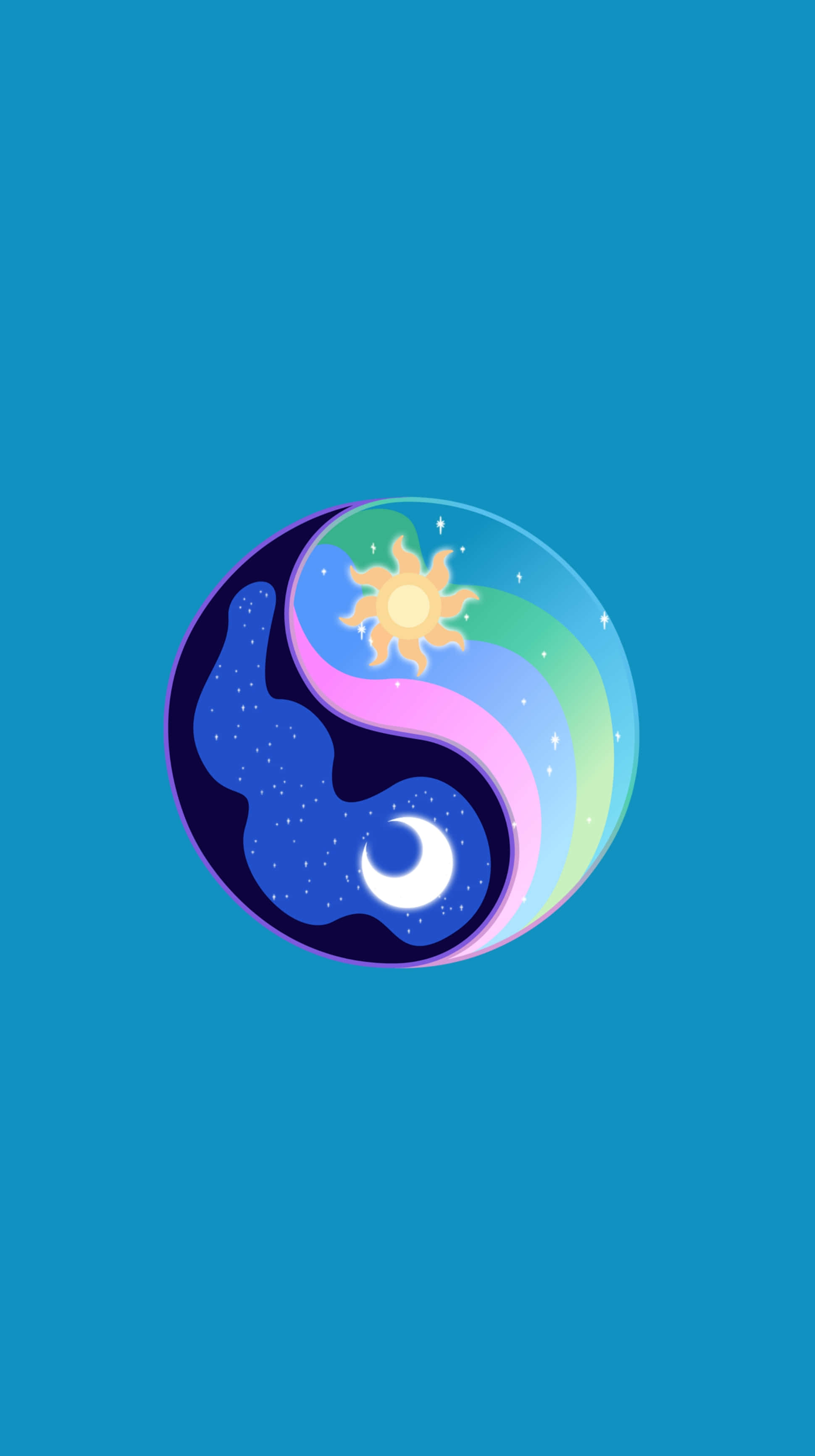 桌布 壁紙 — 一個充滿活力的陰陽符號，太陽和月亮在發光的球體內，背景是純色青綠色。