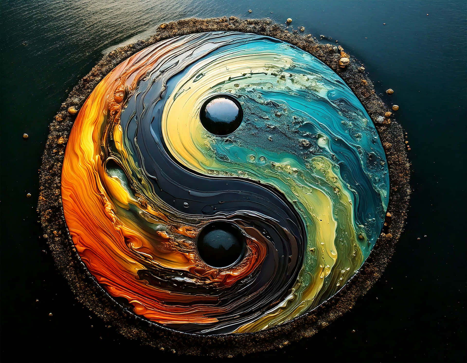 Yin Yang 壁紙 — 一個充滿活力的陰陽符號，由旋轉的橙色、黃色和藍綠色顏料在深色水上形成，周圍是紋理泥土。
