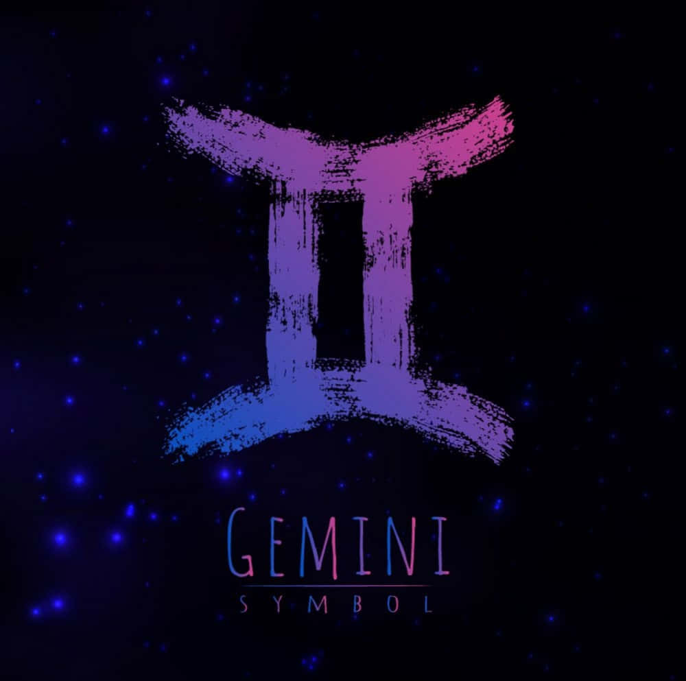 gemini 桌布 壁紙 — 一個充滿活力的雙子座星座符號，以紫色和藍色筆觸繪製在繁星點點的夜空上。