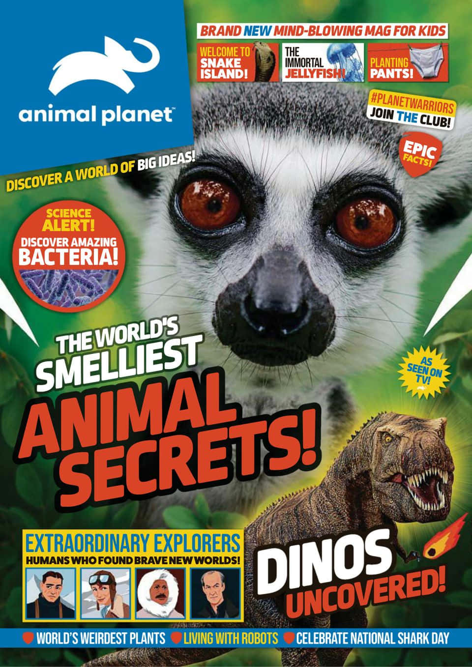 動物星球 桌布 壁紙 — 一個充滿活力的雜誌封面，特寫狐猴強烈的眼睛，周圍環繞著粗體文字和恐龍及探險家的圖像。
