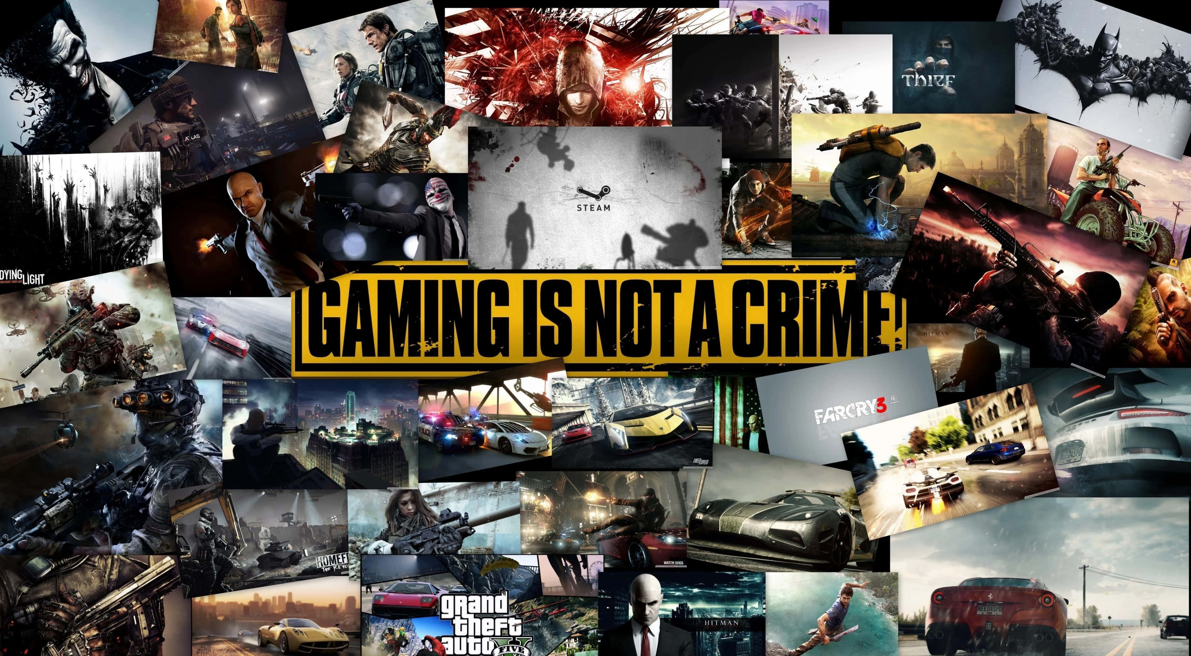 Steam Games 桌布 壁紙 — 一個充滿活力的電玩遊戲封面和場景拼貼畫， featuring 動作英雄、汽車和標誌性遊戲名稱，並以粗體文字宣揚打電動不是犯罪。