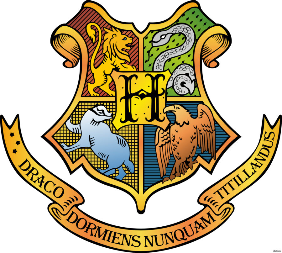 Hogwarts Logo 桌布 壁紙 — 一個充滿活力的霍格華茲校徽，在黑色背景上以金色卷飾呈現獅子、蛇、獾和鷹。