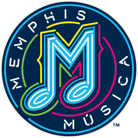 Music Notes 桌布 壁紙 — 一個充滿活力的霓虹圓形標誌，以風格化的「M」與音符交織在深藍色背景上。