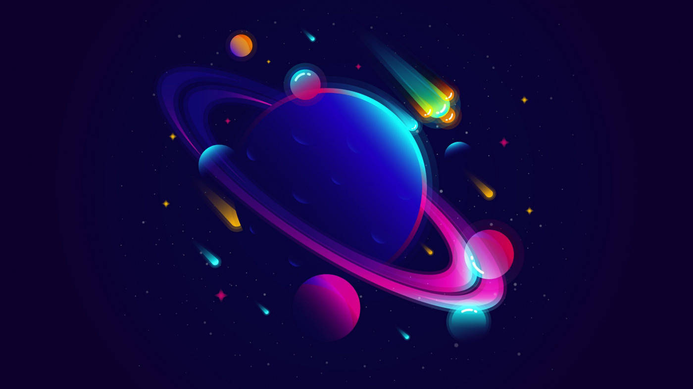 太空 桌布 壁紙 — 一個充滿活力的霓虹星球，帶有發光環和流星，在黑暗的宇宙中運行。