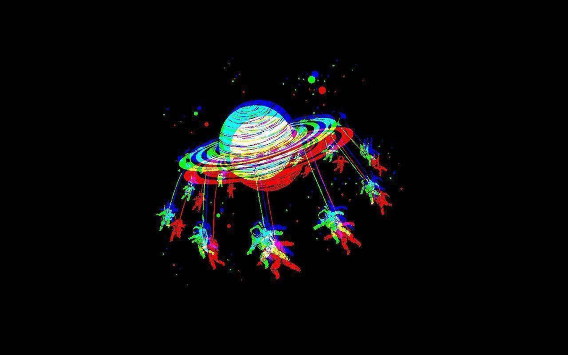 霓虹星球，太空人在其彩色環周圍漂浮於太空中。