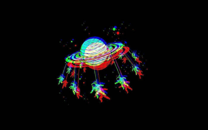 帶有環和漂浮太空人的霓虹星球。 — 行星動畫 壁紙