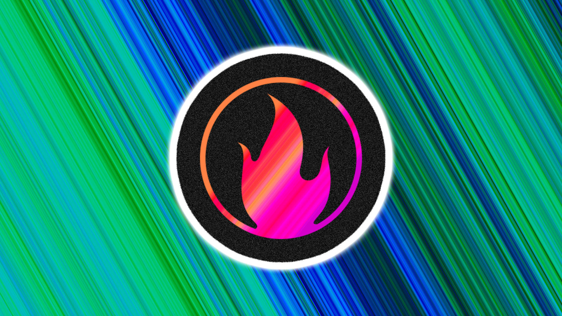 Tf2 Logo 桌布 壁紙 — 一個充滿活力的霓虹火焰圖示在白色邊框的圓圈內發光，背景是帶有條紋的藍色和綠色數位背景。