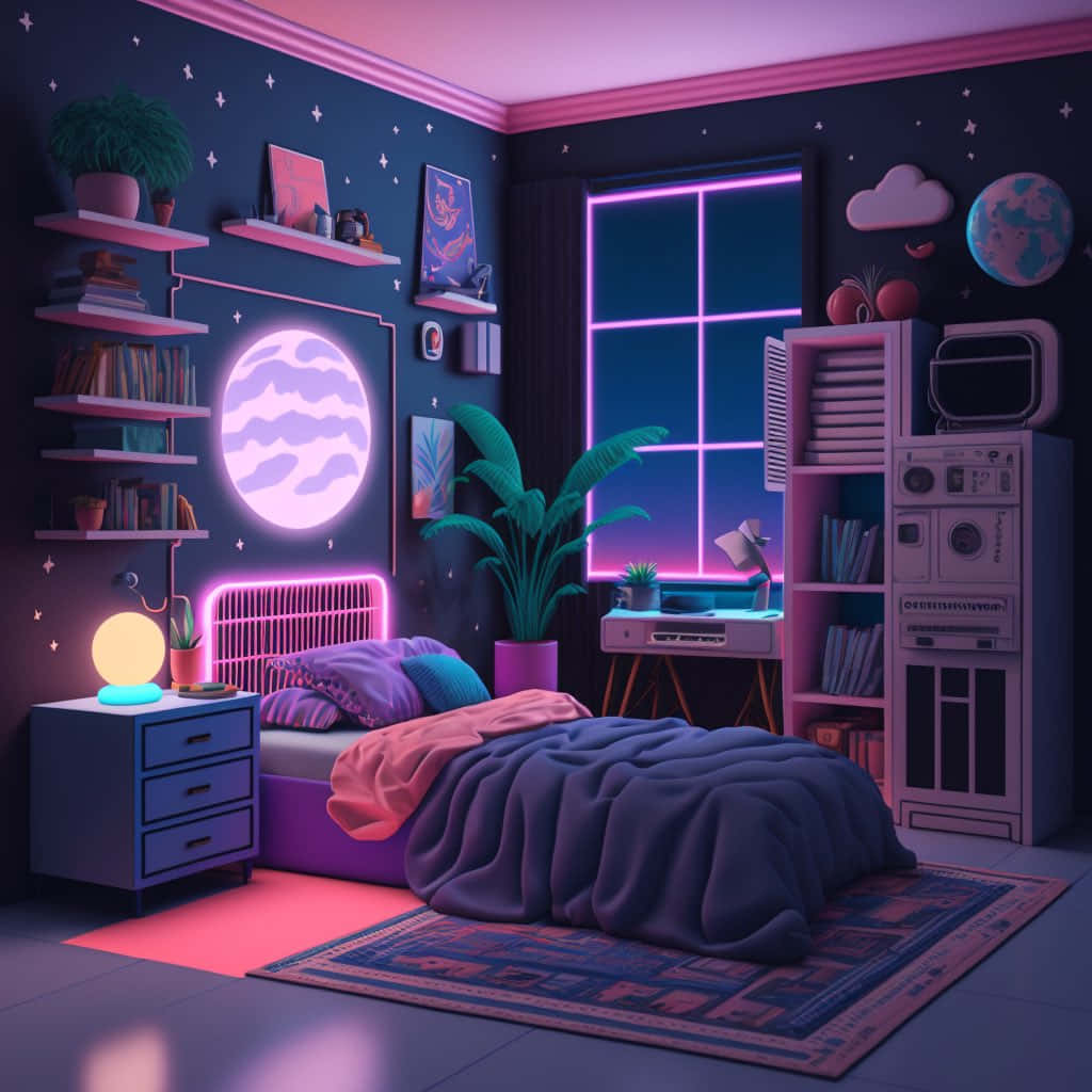Cute Anime Bedroom 桌布 壁紙 — 一個充滿活力的霓虹燈臥室，紫色牆壁，在粉紅色天空下有一個發光的月亮燈和復古科技裝飾。