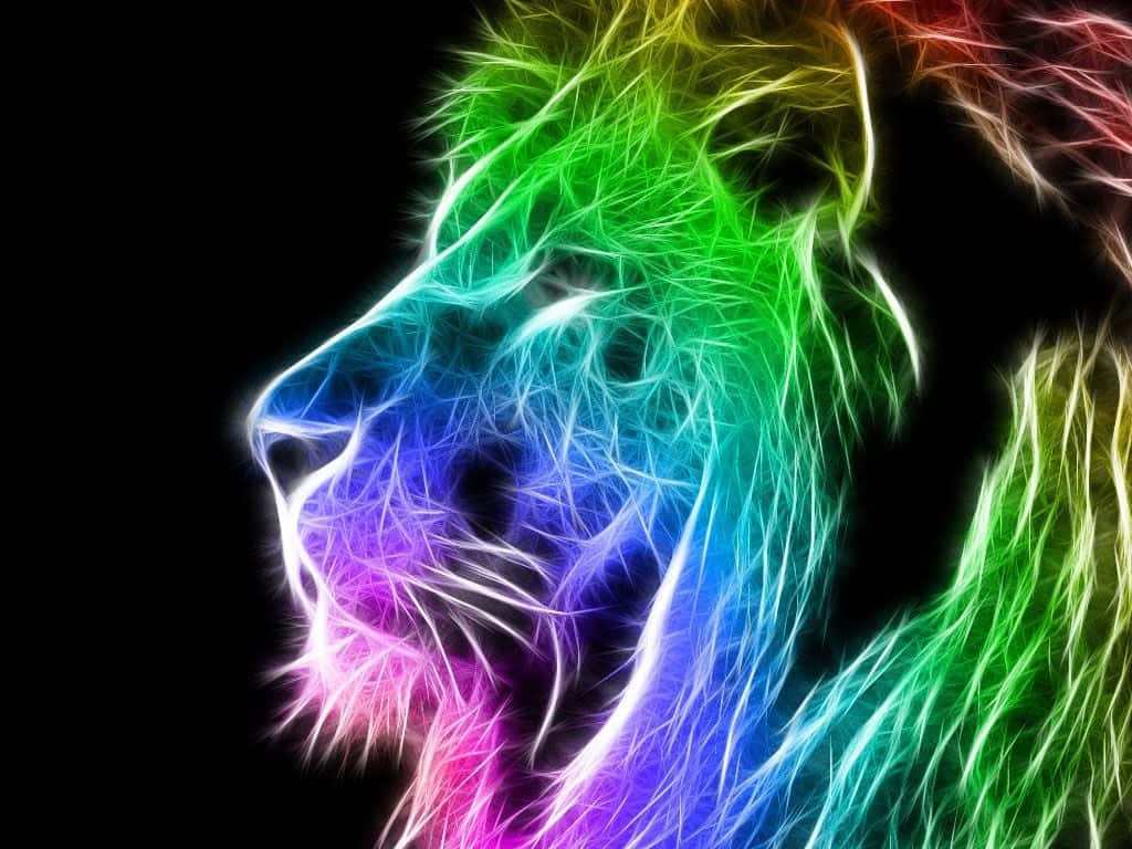 Lion Head 桌布 壁紙 — 一個充滿活力的霓虹獅子側面輪廓，在純黑背景上散發出電光彩虹色調。