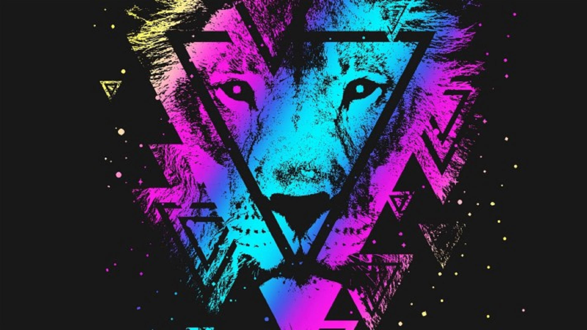 Lion Head 桌布 壁紙 — 一個充滿活力的霓虹獅子頭，帶有幾何三角形和宇宙斑點，背景為黑色。