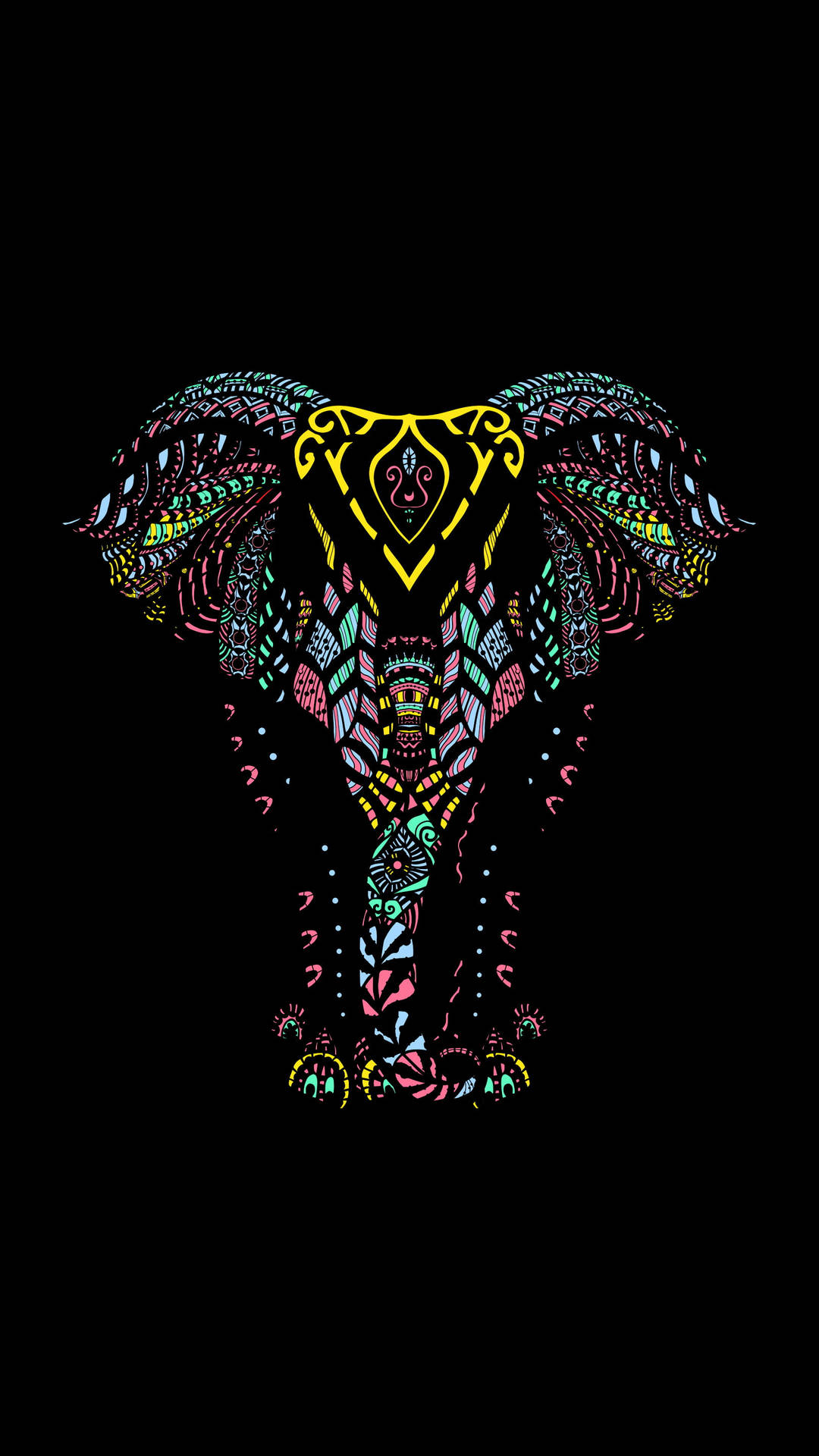 Geometric 桌布 壁紙 — 一個充滿活力的霓虹色大象頭，帶有複雜的部落圖案，在純黑色背景上發光。