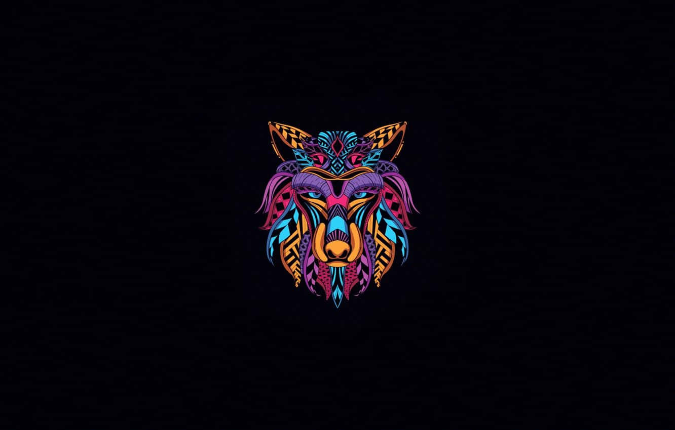 Wolf Minimalist 桌布 壁紙 — 一個充滿活力的霓虹色狼頭，帶有複雜的幾何圖案，在純黑色背景上發光。