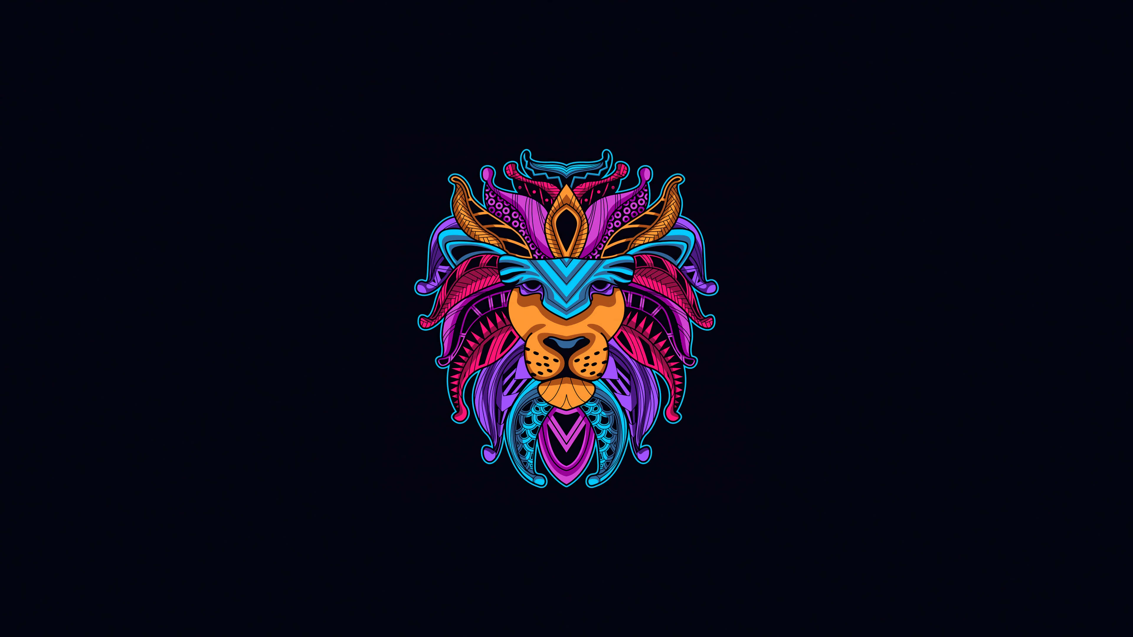 Lion Head 桌布 壁紙 — 一個充滿活力的霓虹色獅子頭，帶有複雜的部落圖案，在黑暗背景上發光。