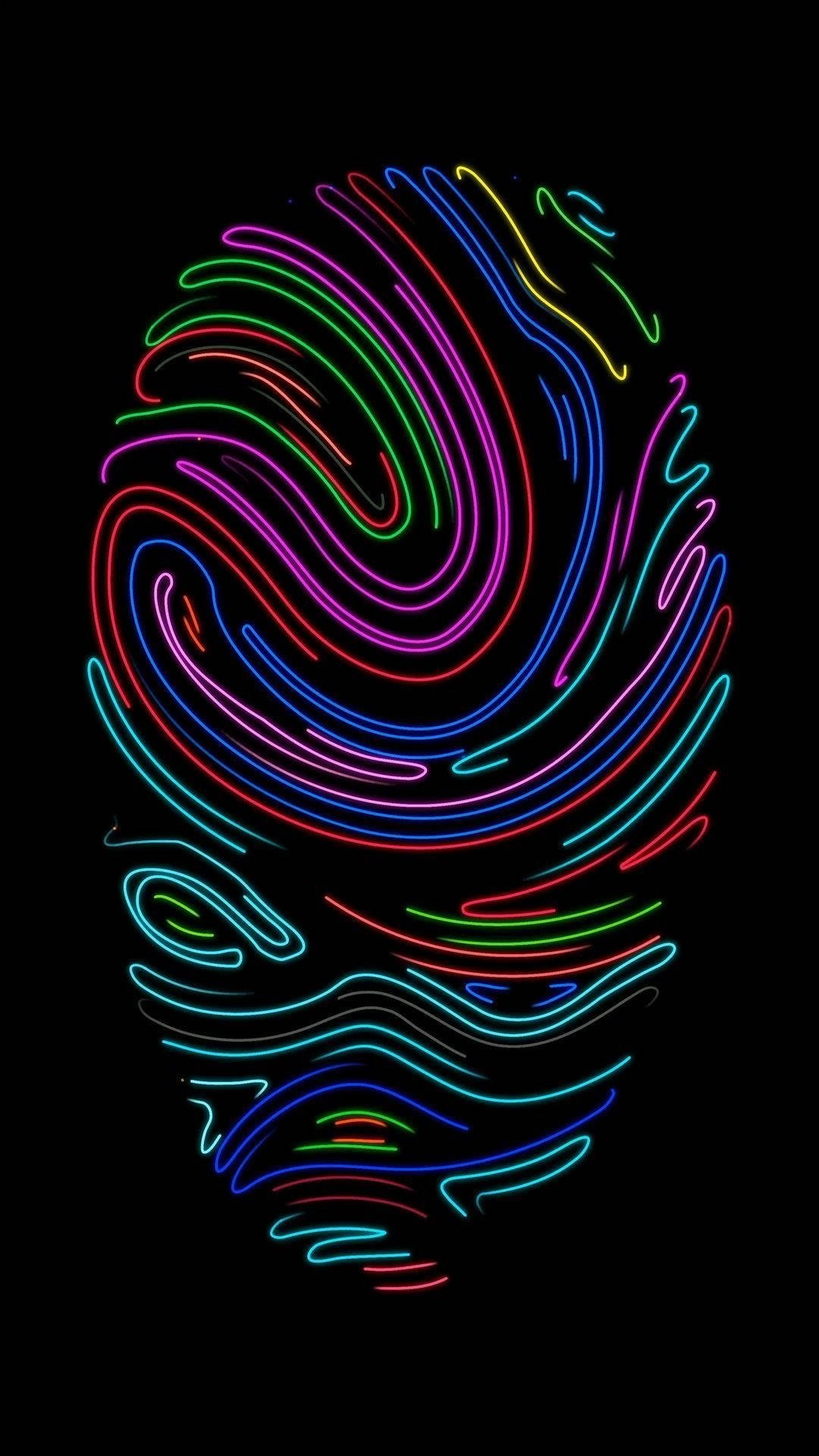 iPhone 動態 桌布 壁紙 — 一個充滿活力的霓虹骷髏頭，帶有旋轉的多色線條，在漆黑的背景上發光。