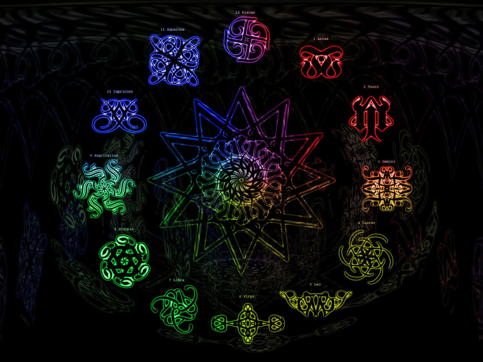 gemini 桌布 壁紙 — 一個充滿活力的霓虹黃道輪，每個星座都有發光的凱爾特結符號，背景是黑暗旋轉的。