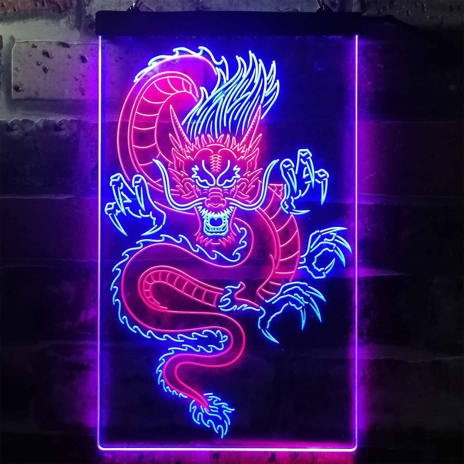 日式龍 桌布 壁紙 — 一個充滿活力的霓虹龍標誌在深色磚牆上散發粉紅色和藍色光芒，營造出電光火石的氛圍。