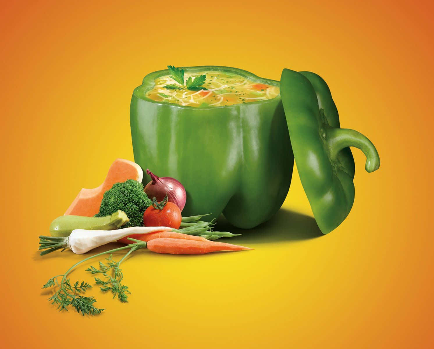 Vegetables 桌布 壁紙 — 一個充滿活力的青椒作為碗，盛滿冒煙的蔬菜湯，周圍是新鮮農產品，背景是溫暖的橙色漸變。