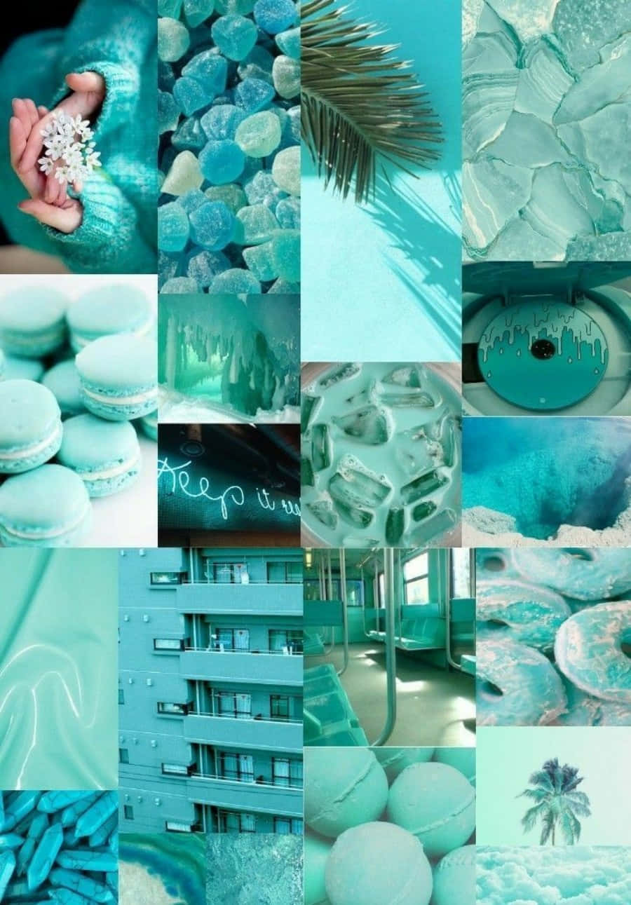 Pastel Blue Green 桌布 壁紙 — 一個充滿活力的青綠色主題拼貼畫，包含手持雪花、冰塊、馬卡龍、棕櫚葉和城市建築。
