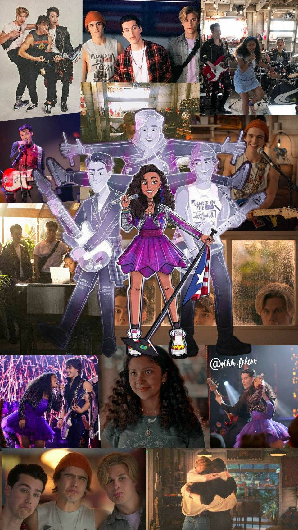 Julie And The Phantoms 桌布 壁紙 — 一個充滿活力的音樂團體拼貼畫，包含樂隊成員在舞台上和自然瞬間表演的動畫剪紙。