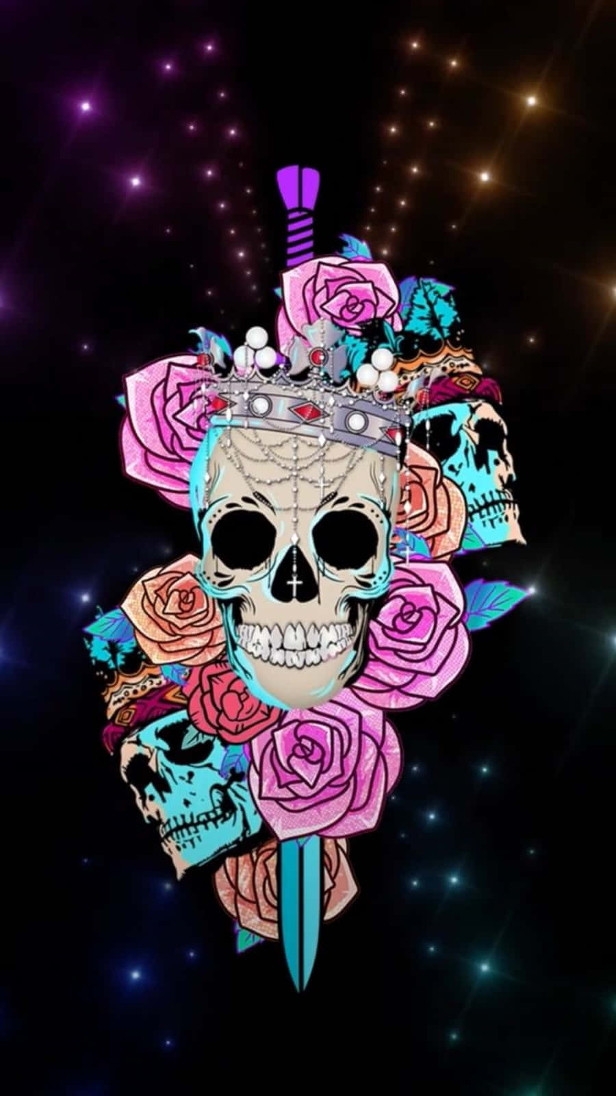 桌布 壁紙 — 一個充滿活力的頭骨，飾有玫瑰和皇冠，站在星光燦爛的宇宙背景前，一把劍刺穿它。