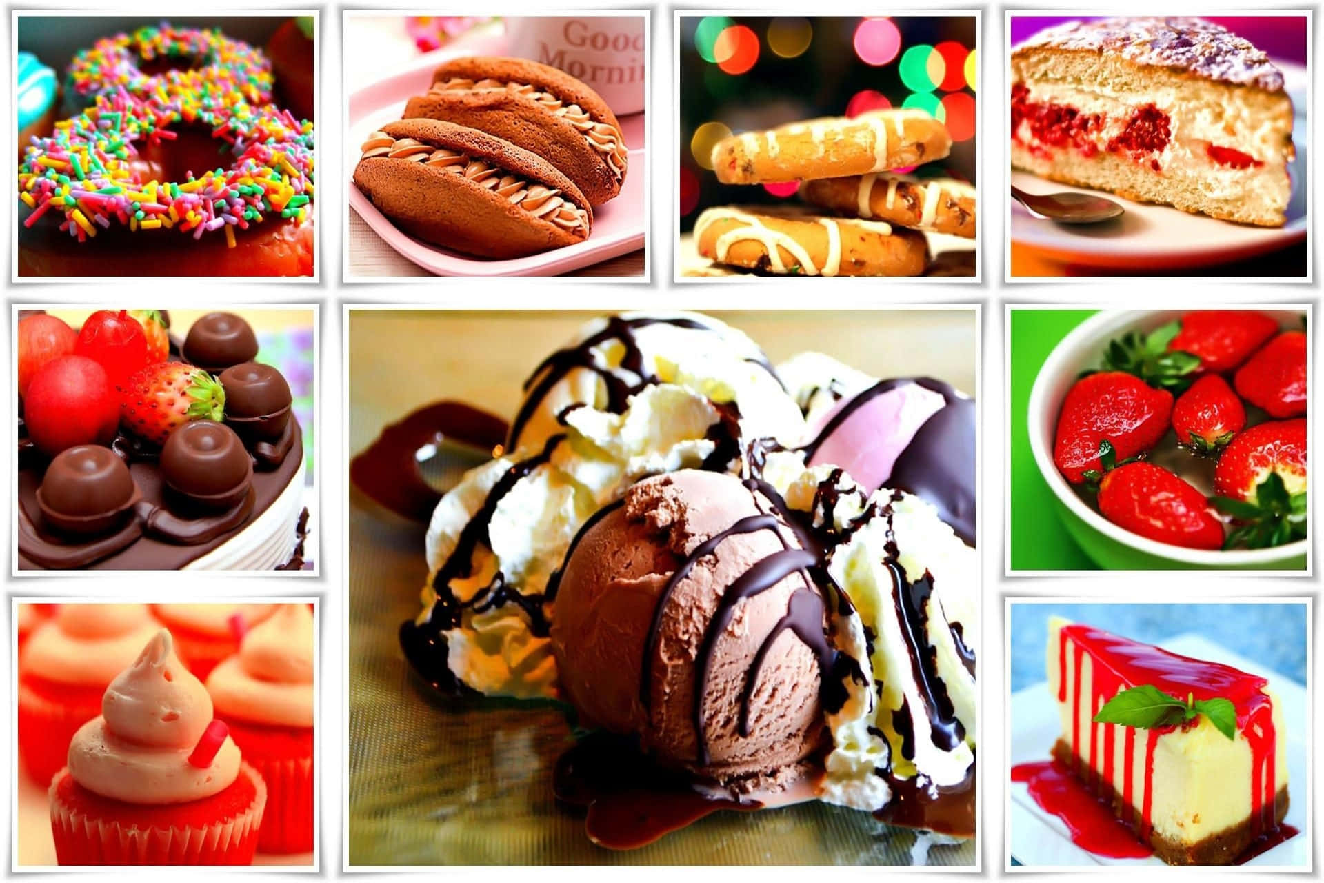 Desserts 桌布 壁紙 — 一個充滿活力的頹廢甜點拼貼，包括撒糖碎甜甜圈、巧克力閃電泡芙、草莓起司蛋糕和巧克力冰淇淋配鮮奶油。