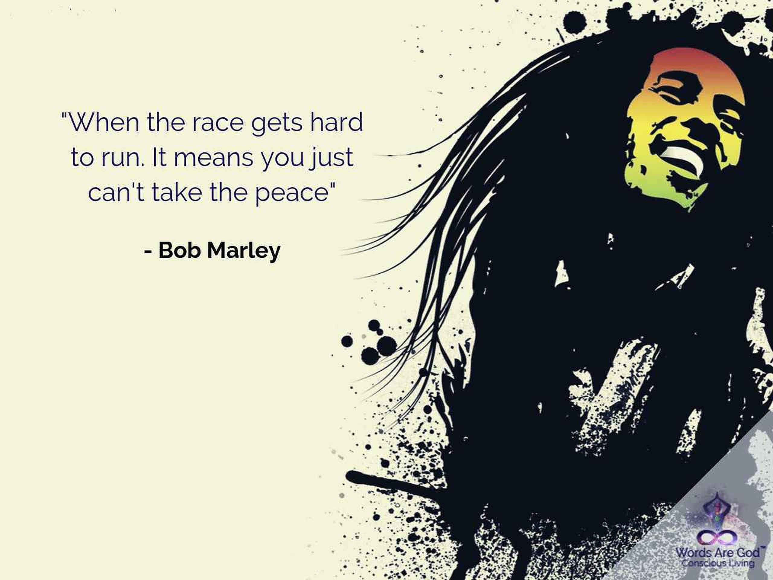 bob 桌布 壁紙 — 一個充滿活力的風格化 Bob Marley 肖像，帶有彩虹色的臉孔和黑色墨水飛濺，在奶油色背景上附有引言。