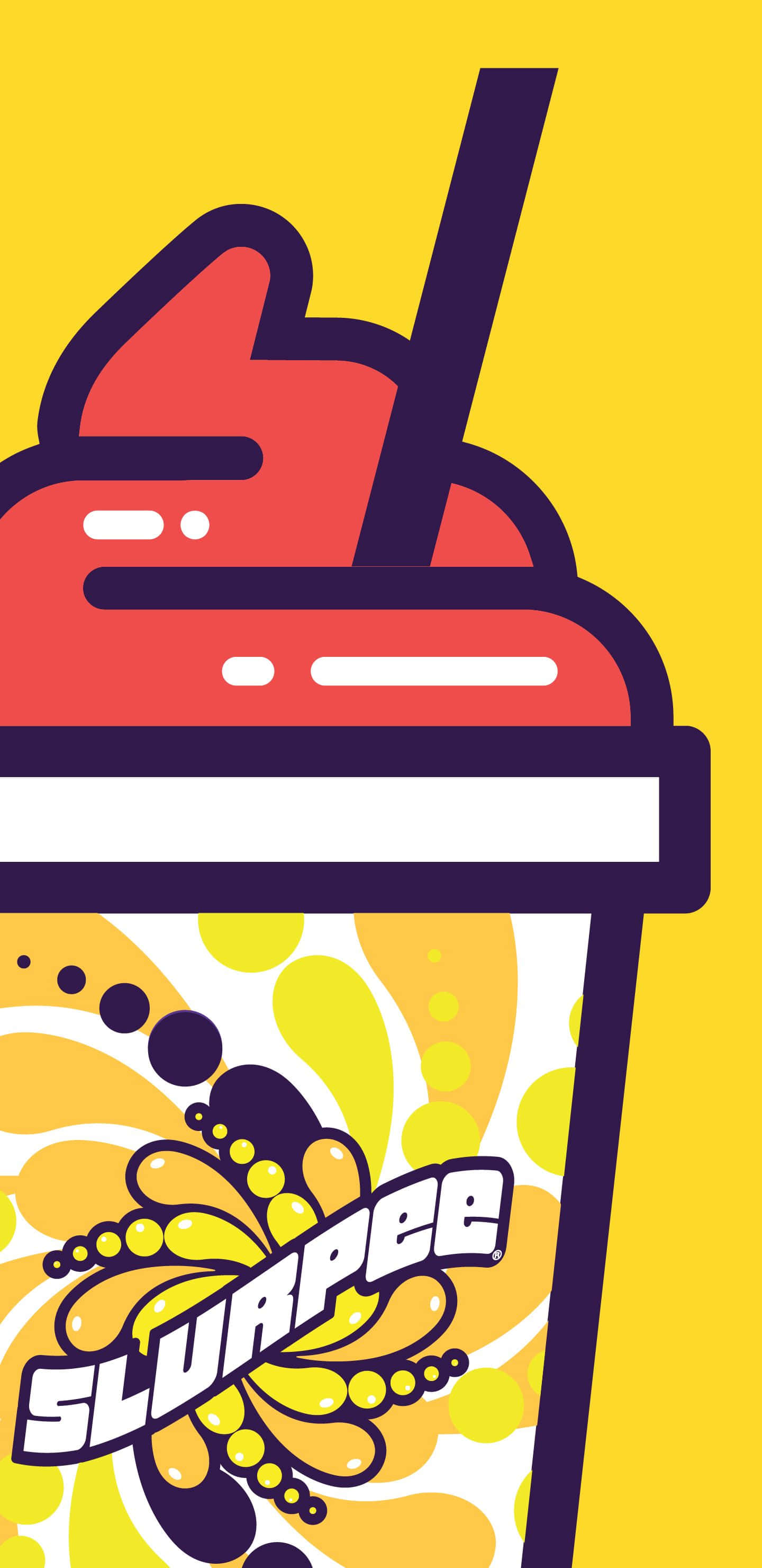 Swag iPhone 桌布 壁紙 — 一個充滿活力的風格化 Slurpee 杯，帶有紅色思樂冰和黑色吸管，襯托大膽的黃色背景。