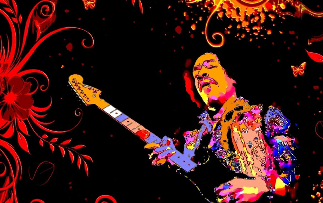 rock and roll 桌布 壁紙 — 一個充滿活力的風格化吉他手在黑色背景上演奏，背景飾有紅色花卉漩渦和發光的橙色蝴蝶。