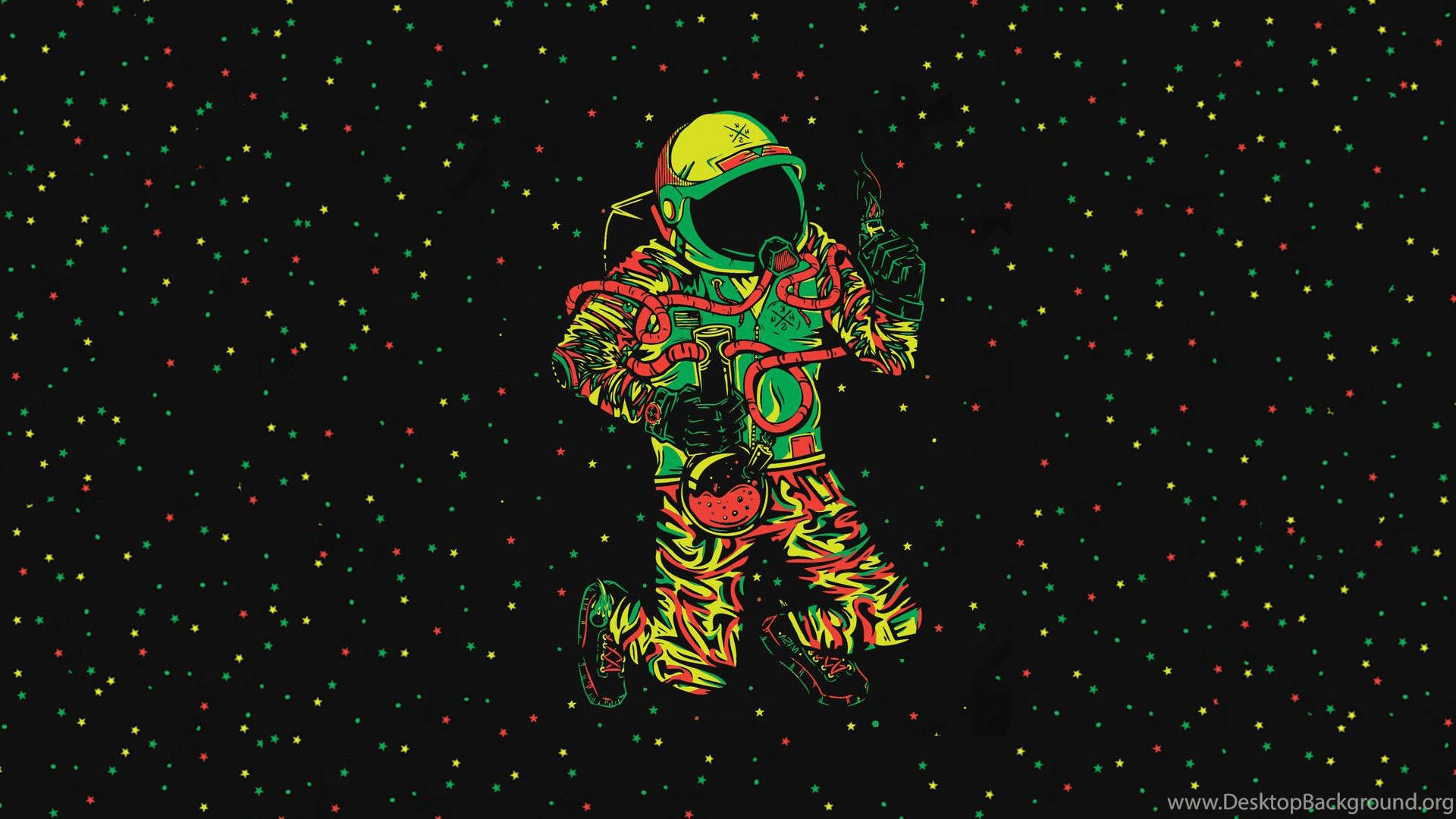 大麻 桌布 壁紙 — 一個充滿活力的風格化太空人，穿著迷幻的綠色和紅色套裝，在黑色宇宙背景下，在彩色星星中跳舞。