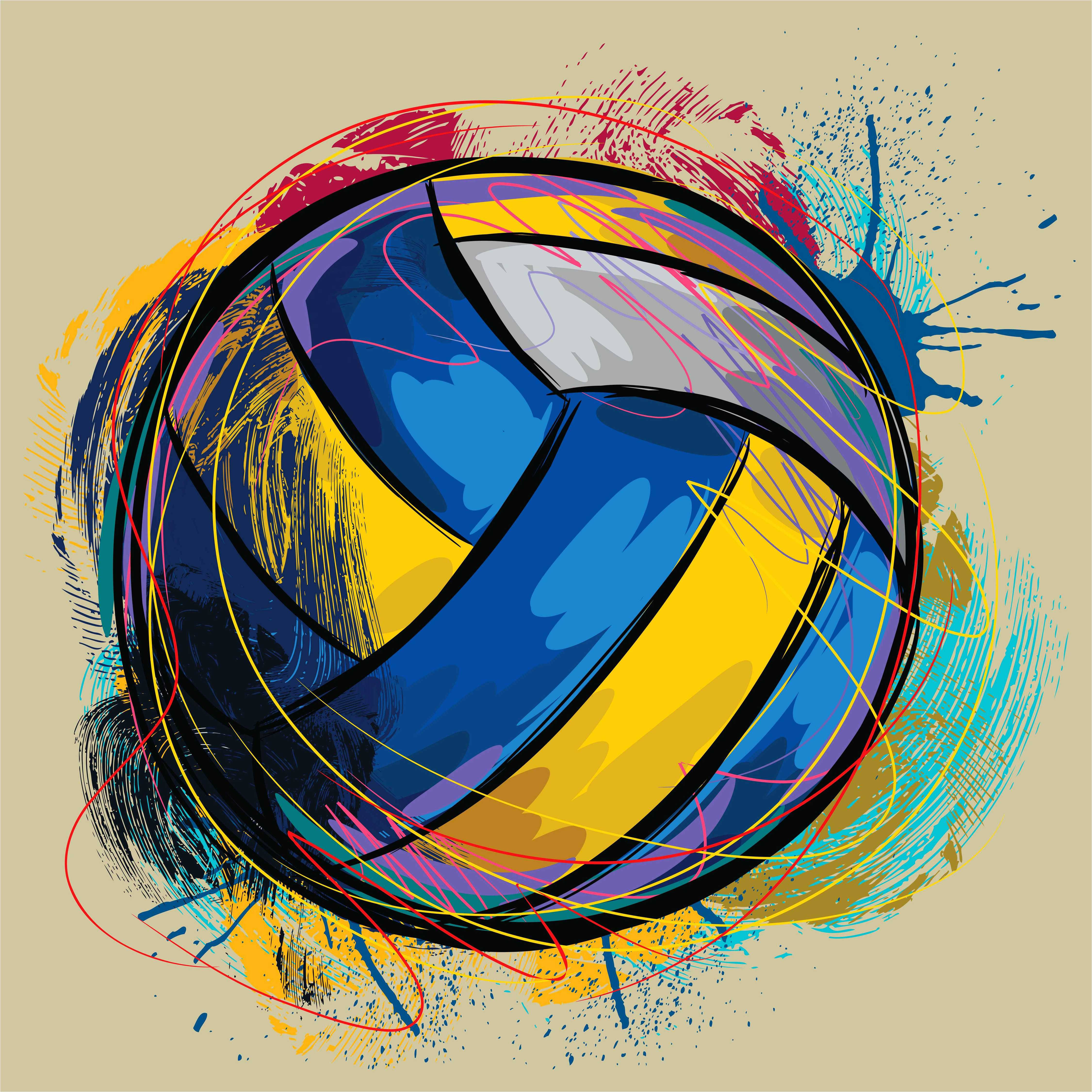 Volleyball 桌布 壁紙 — 一個充滿活力的風格化排球，被充滿活力的油漆飛濺和旋轉線條包圍在米色背景上。
