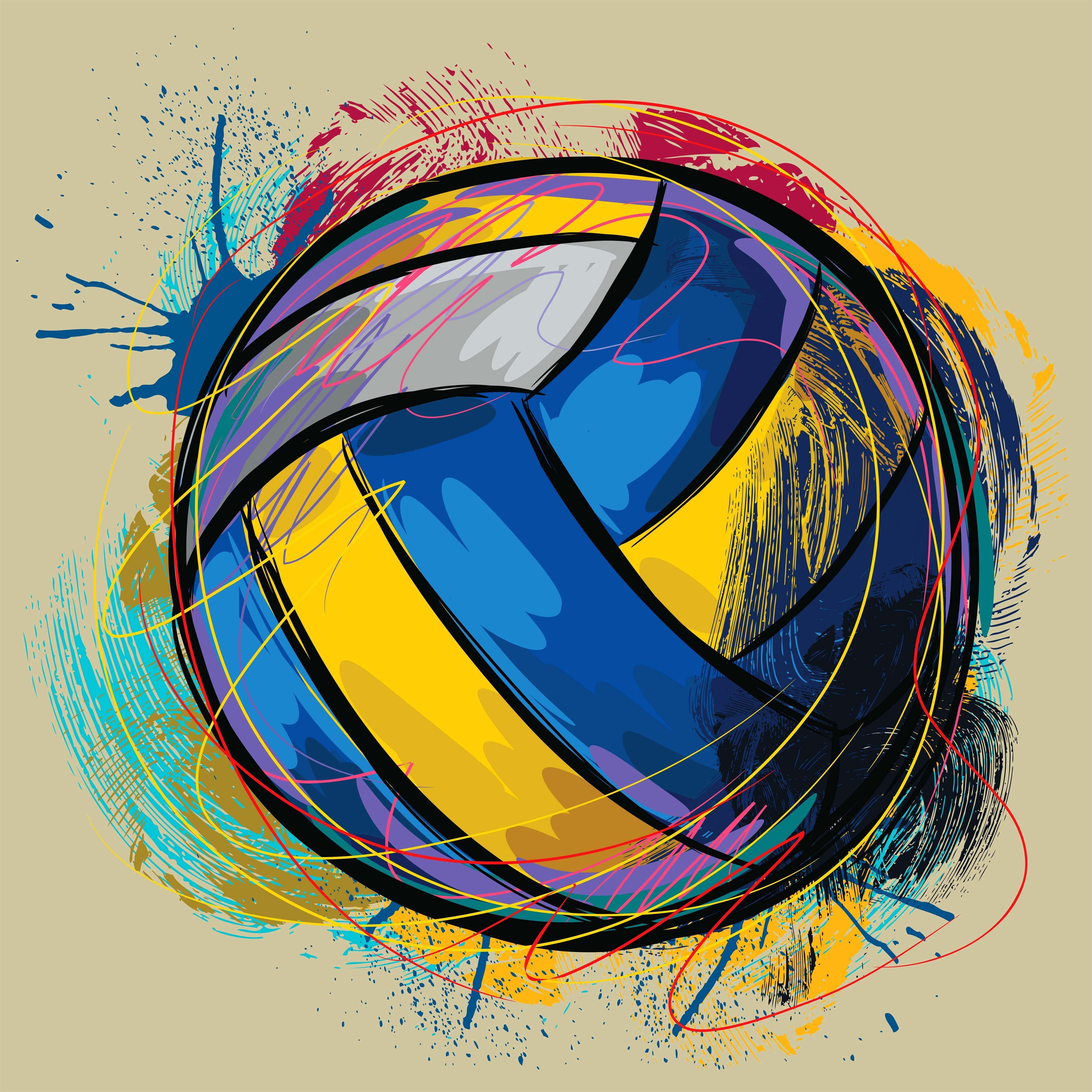 Volleyball 桌布 壁紙 — 一個充滿活力的風格化排球，被動態多彩的筆觸和潑濺包圍在米色背景上。