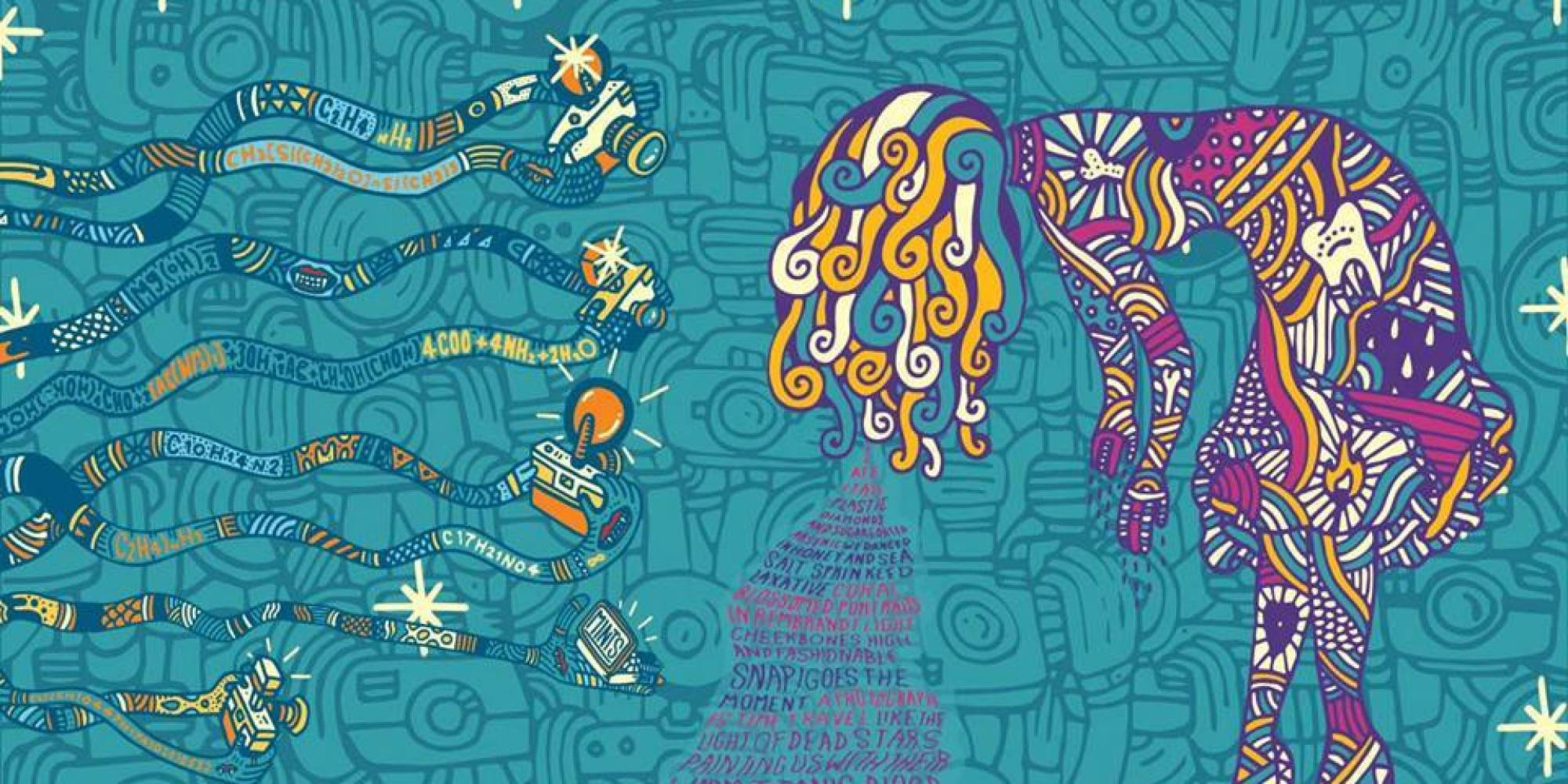 foster the people 桌布 壁紙 — 一個充滿活力的風格化插圖，描繪了一個擁有飄逸頭髮和機械元素的人物，背景是青綠色圖案。