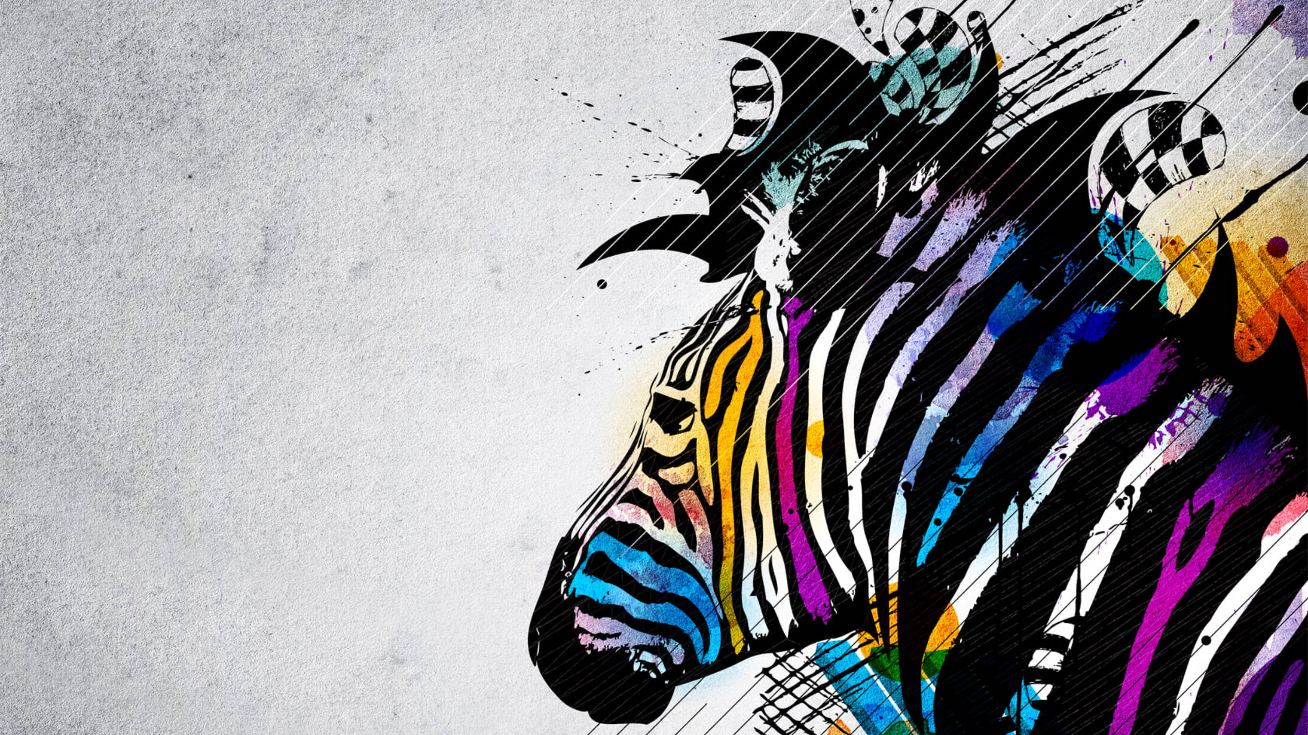 Zebra 桌布 壁紙 — 一個充滿活力的風格化斑馬頭，帶有彩虹條紋和油漆飛濺，背景為紋理灰色。