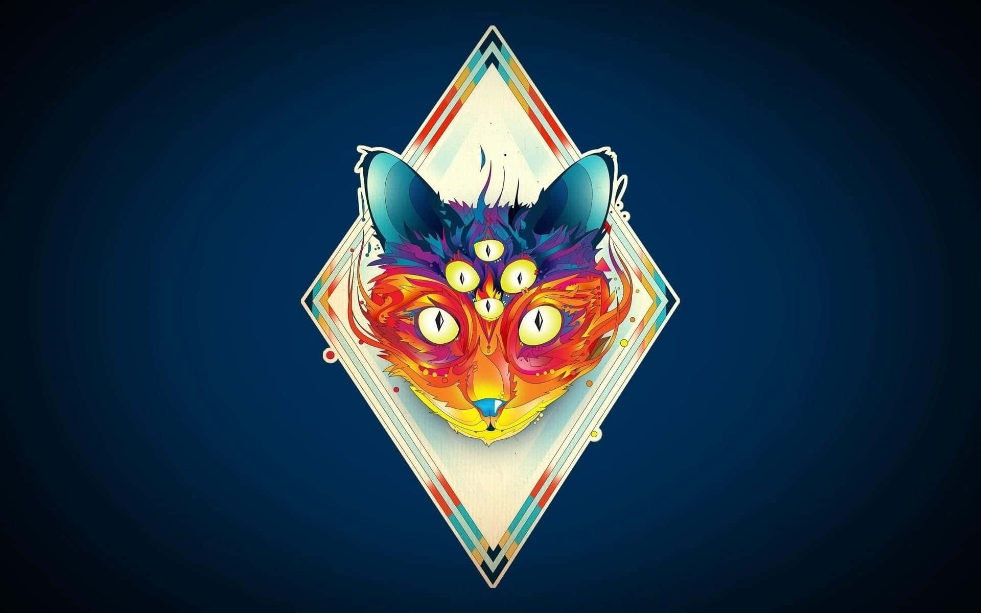 Cat Computer 桌布 壁紙 — 一個充滿活力的風格化狐狸頭，有多隻眼睛和火橙色毛髮，置於鑽石框架內，背景為深藍色。