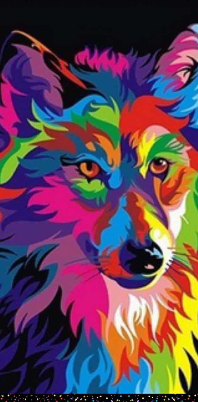 Rainbow Wolf 桌布 壁紙 — 一個充滿活力的風格化狼頭，帶有彩虹色毛髮，背景為黑色。
