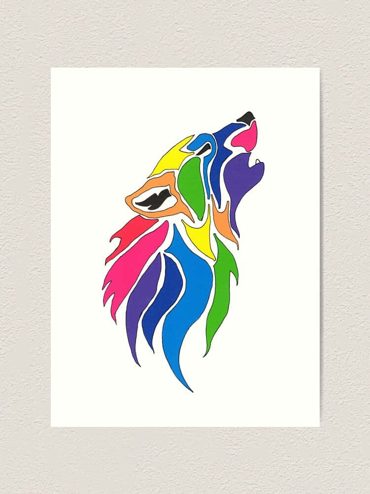 狼 桌布 壁紙 — 一個充滿活力的風格化狼頭插圖，帶有彩虹色，對著白色背景向上嚎叫。