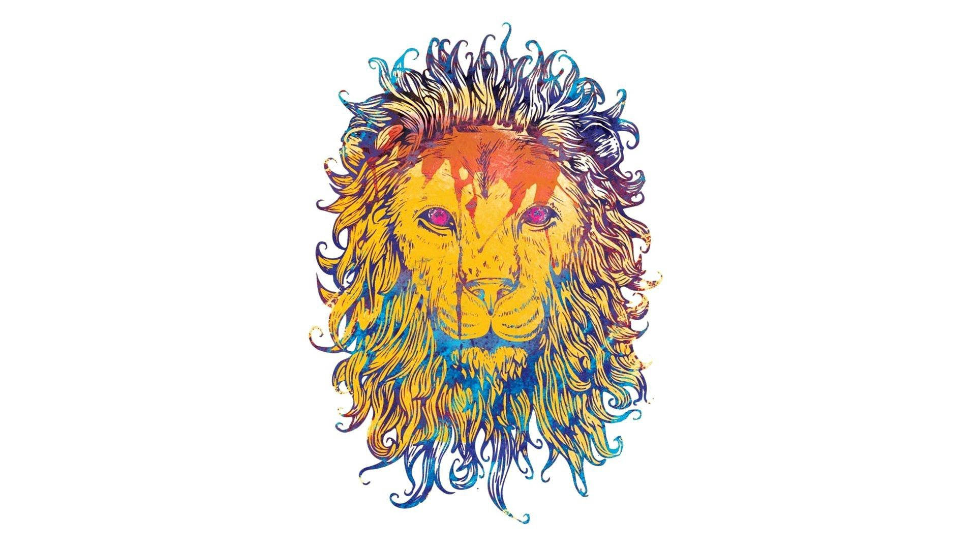 獅子王 桌布 壁紙 — 一個充滿活力的風格化獅子頭，帶有流動的鬃毛，呈現火黃色和電藍色，背景為純白色。