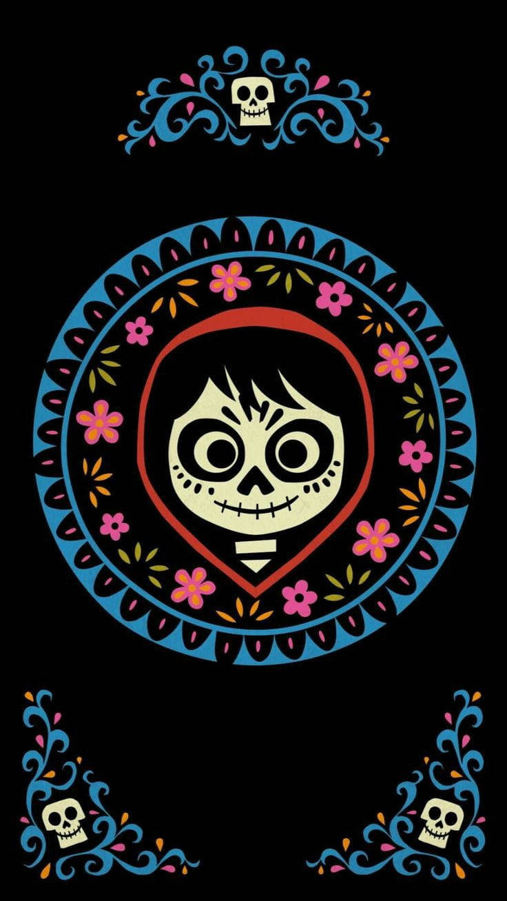 Mexican iPhone 桌布 壁紙 — 一個充滿活力的風格化糖骷髏，帶有花卉圖案和裝飾性骷髏，背景為黑色。