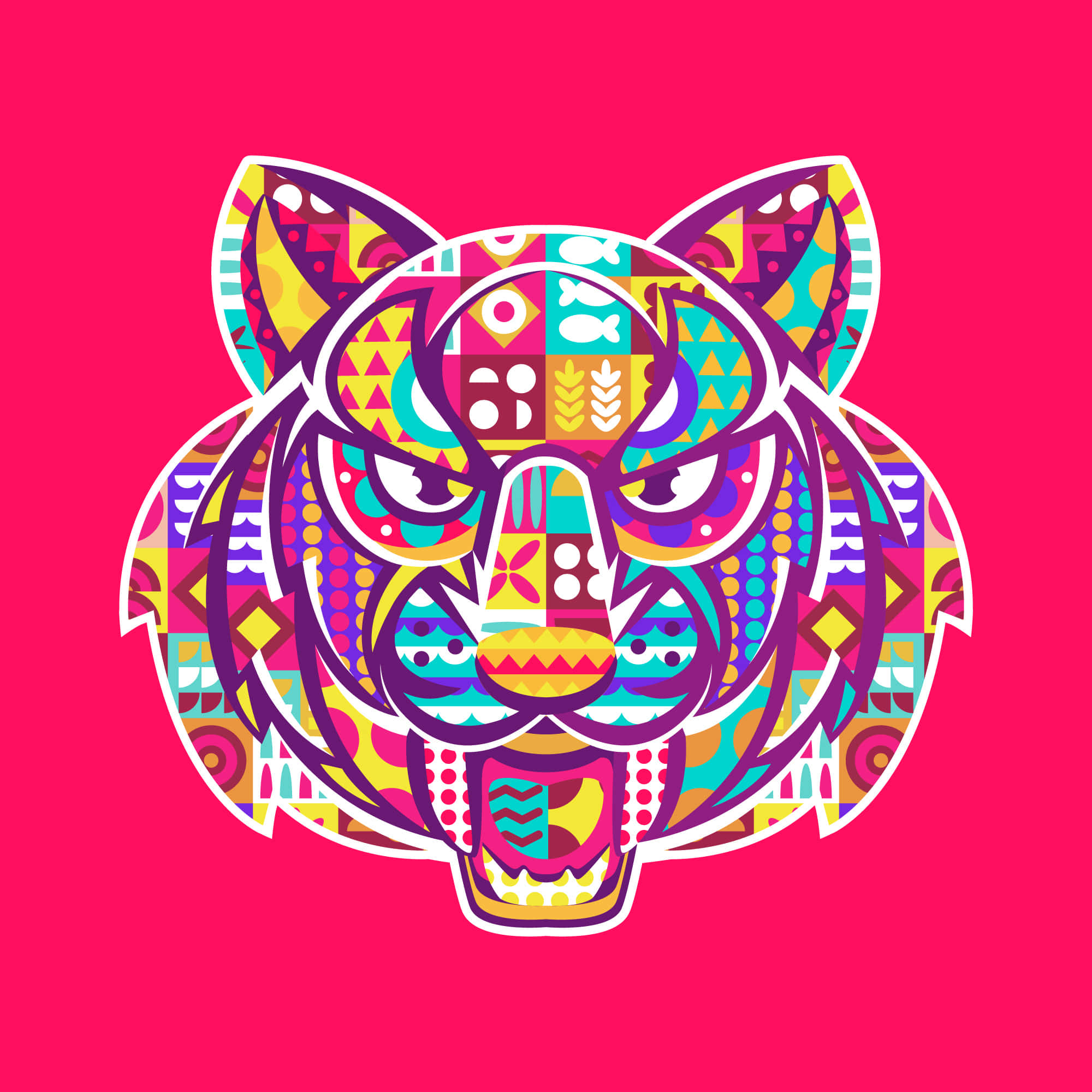 Psychedelic Animals 桌布 壁紙 — 一個充滿活力的風格化虎頭，帶有幾何圖案和鮮豔色彩，置於純粉紅色背景上。