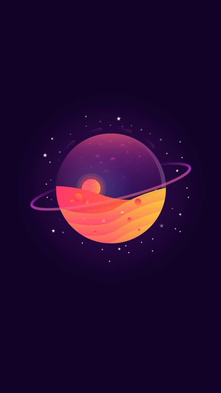 藝術 桌布 壁紙 — 一個充滿活力的風格化行星，帶有發光環和深紫色與橙色色調的星空背景。