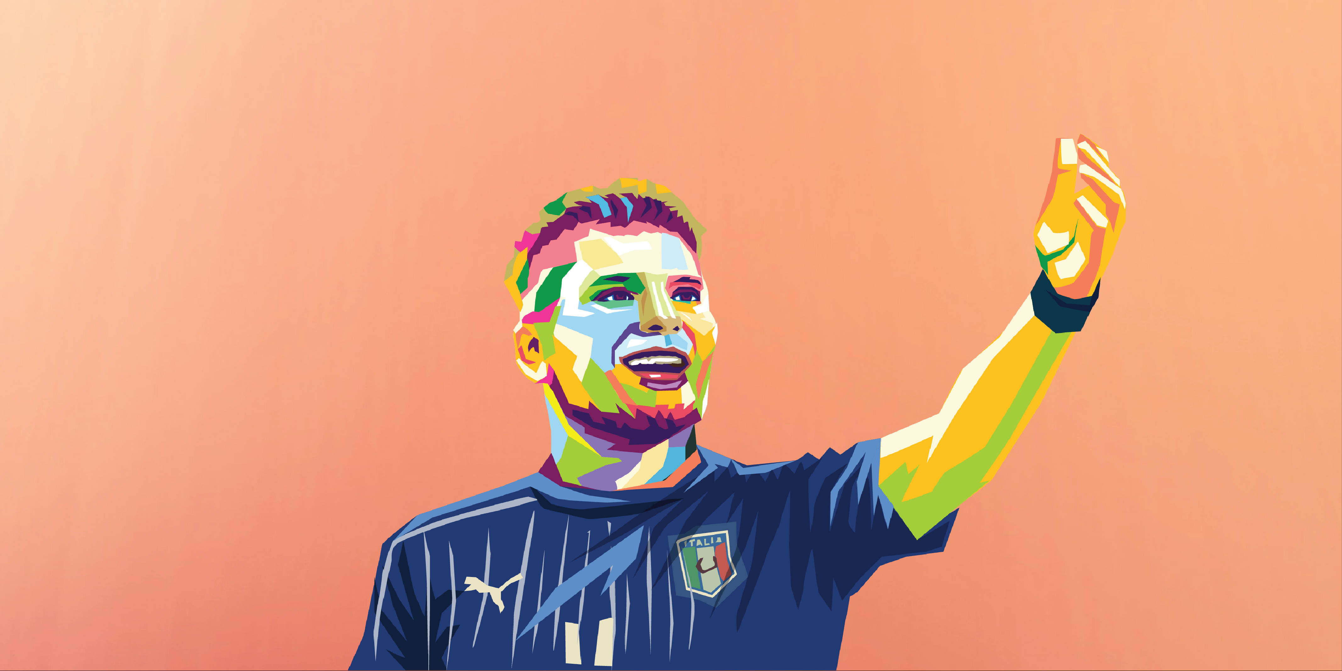 ciro immobile 桌布 壁紙 — 一個充滿活力的風格化足球員穿著義大利球衣，在純蜜桃色背景上高舉拳頭慶祝勝利。
