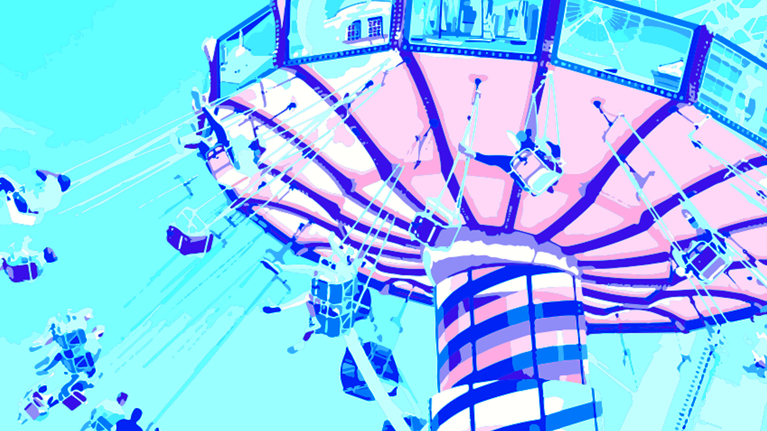Retro Aesthetic 桌布 壁紙 — 一個充滿活力的風格化遊樂園遊樂設施，帶有搖擺座椅，背景是青色天空。