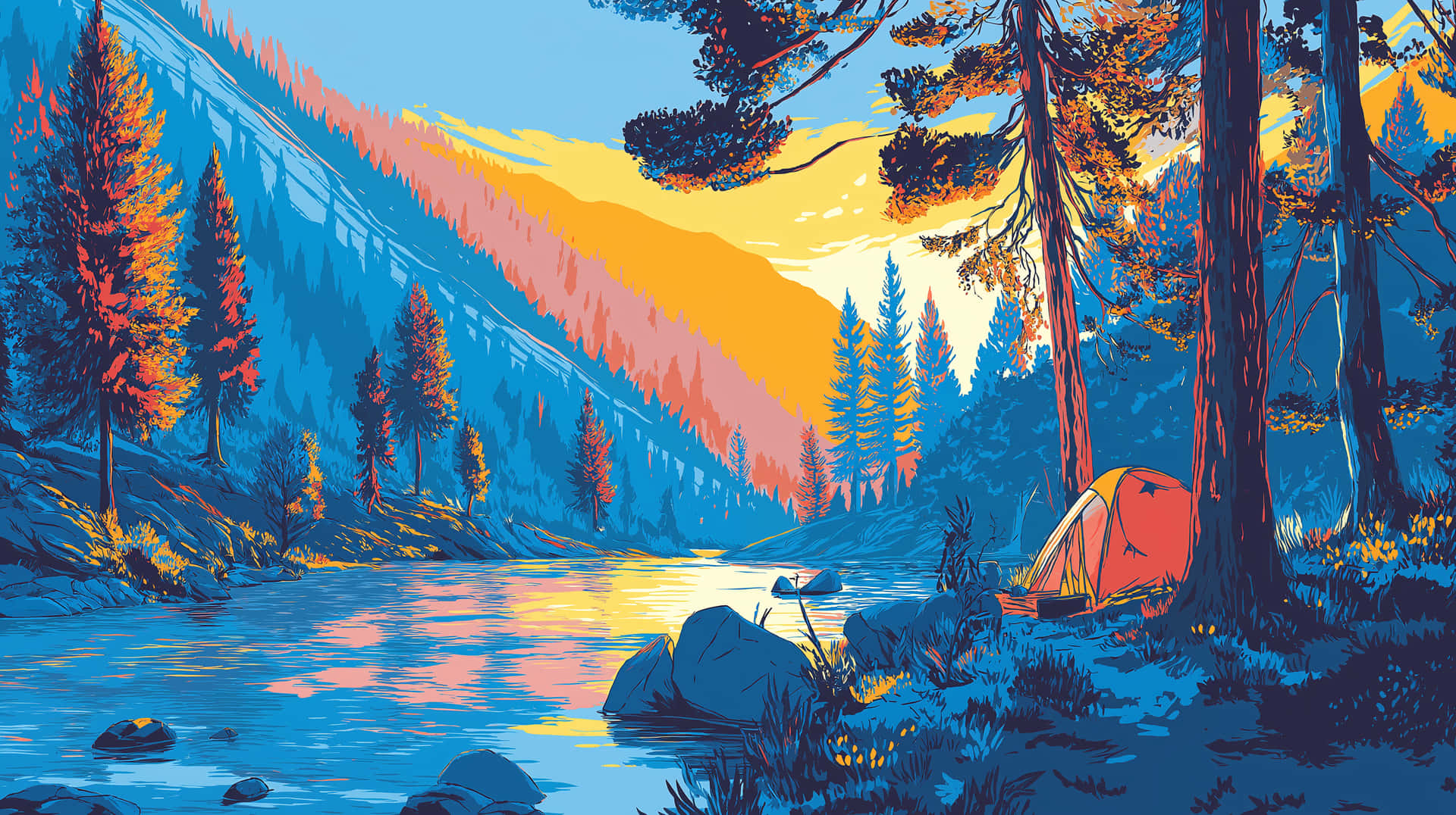 Vibrant Mountain River Camping Landscape Illustration 壁紙 — 一個充滿活力的風格化露營地，橙色帳篷坐落在河邊，夕陽天空下襯著藍色山脈和松樹。