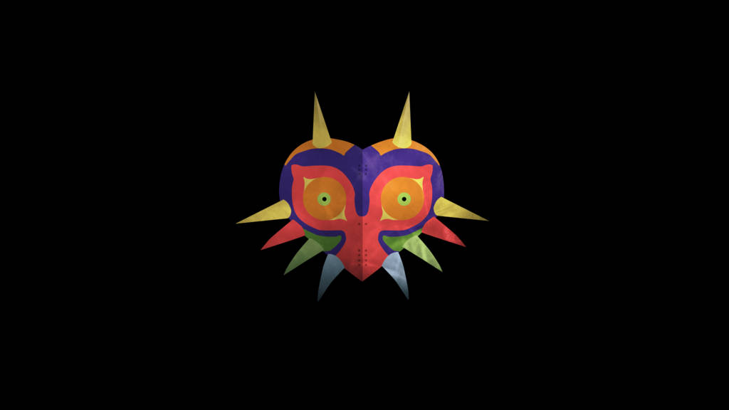 Majora's Mask 桌布 壁紙 — 一個充滿活力的風格化面具，帶有發光的眼睛和尖銳的尖刺，背景為黑色。