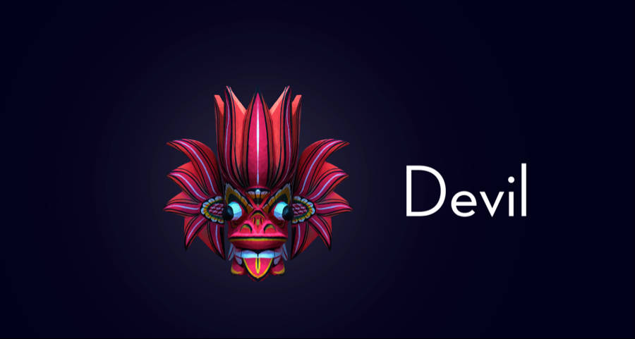酷炫惡魔 桌布 壁紙 — 一個充滿活力的風格化魔鬼面具，帶有紅色和粉紅色的尖刺，以及發光的藍色眼睛，背景為深色。