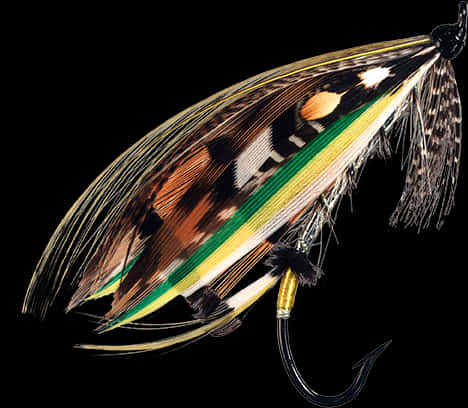 Fishing Hook 桌布 壁紙 — 一個充滿活力的飛蠅釣魚誘餌，帶有色彩繽紛的羽毛和金屬裝飾，襯托在純黑背景上。