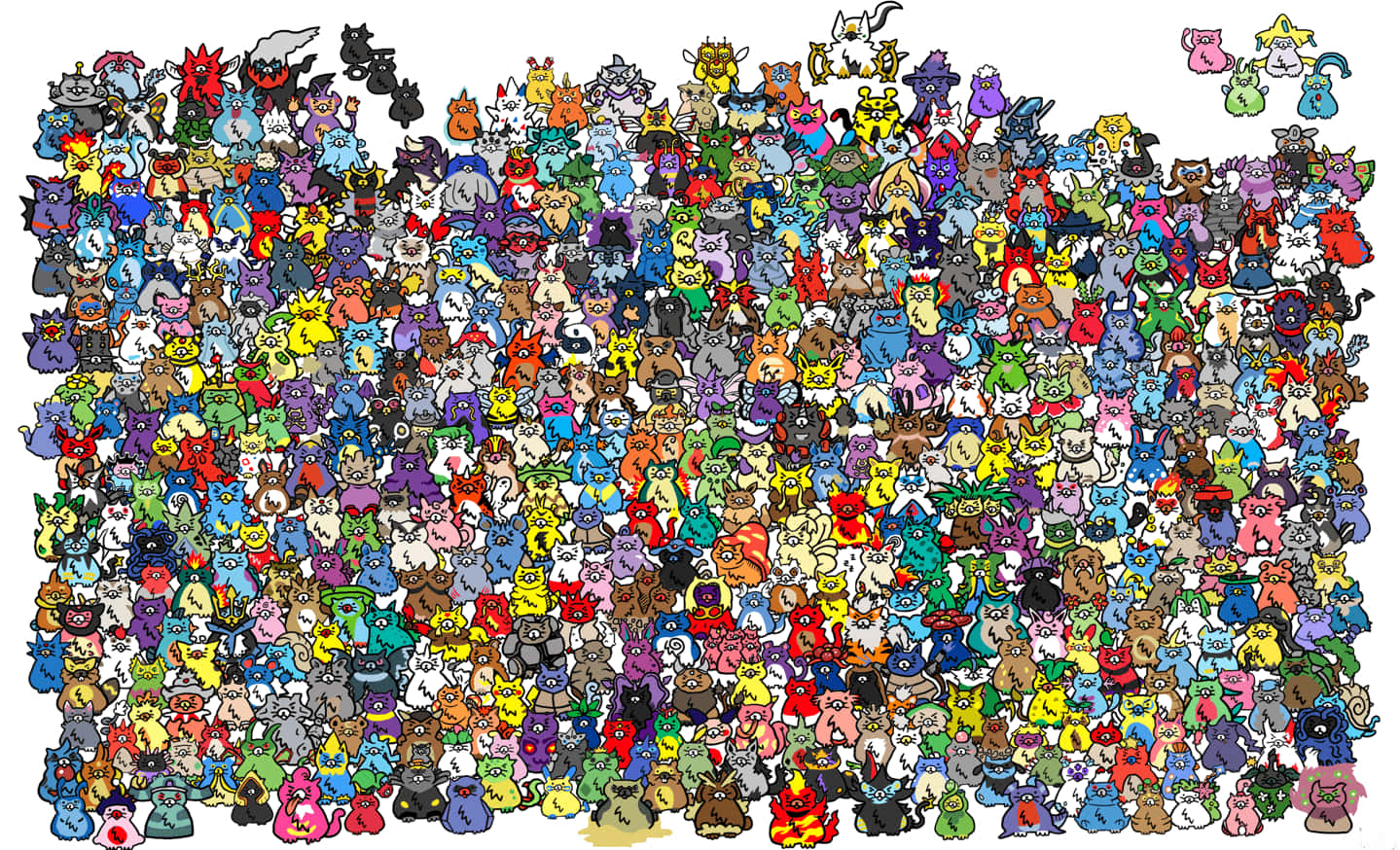 All Pokemon 桌布 壁紙 — 一個充滿活力的馬賽克，數百個色彩繽紛的卡通怪物密密麻麻地擠在白色背景上。
