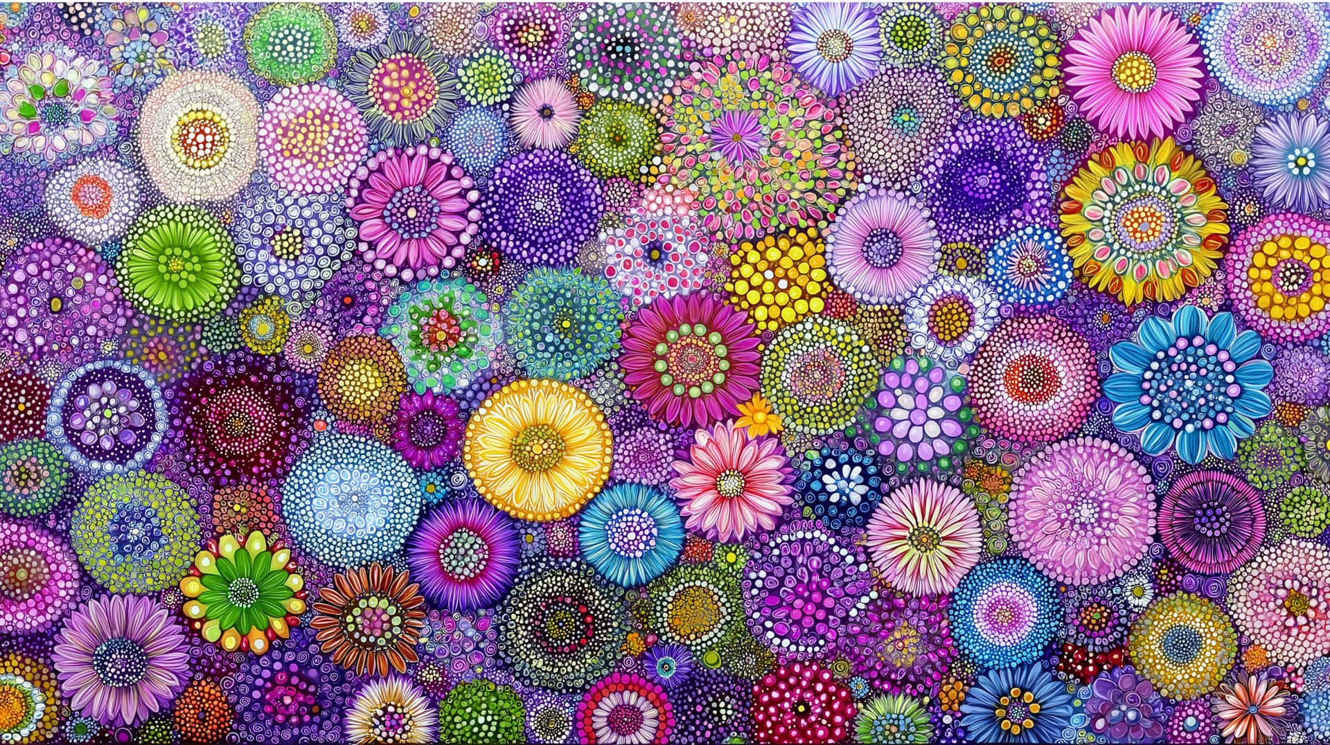 Abstract Floral Mosaic with Intricate Patterns and Forms 壁紙 — 一個充滿活力的馬賽克，由手繪花卉圖案組成，採用鮮豔的紫色、粉紅色、綠色和黃色色調，背景為深紫色。