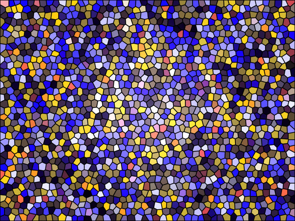 Stained Glass 桌布 壁紙 — 一個充滿活力的馬賽克圖案，由不規則形狀的瓷磚組成，顏色包括藍色、黃色和紫色，營造出動態的抽象紋理。